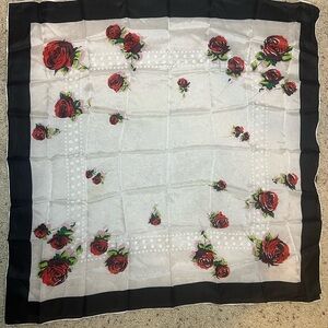 Vtg Rain Hair Scarf Red Roses Rayon Hand Rolled Designed In Paris Black Border